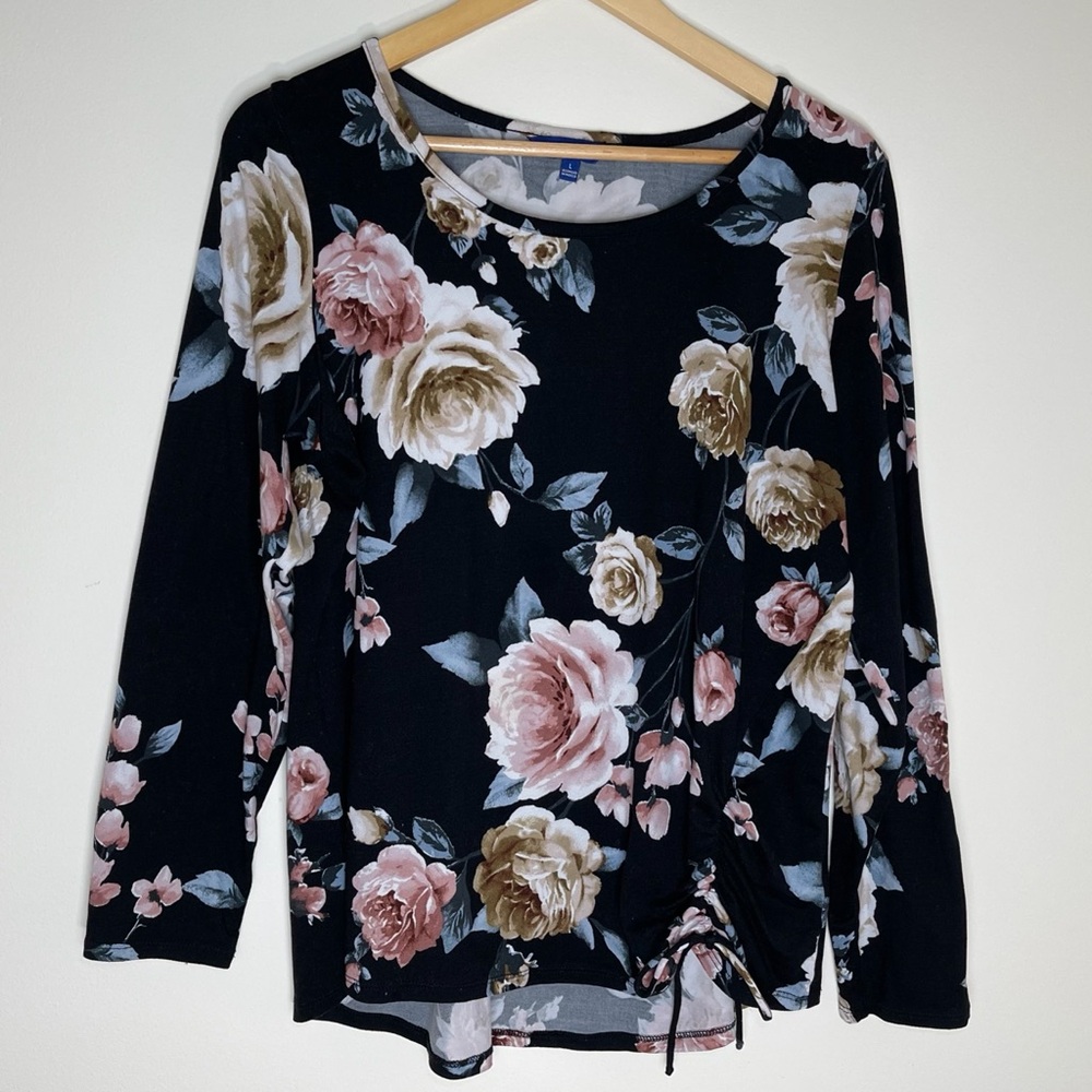 Apt. 9 | Black Rose Pattern 3/4 Length Sleeve Top | Large